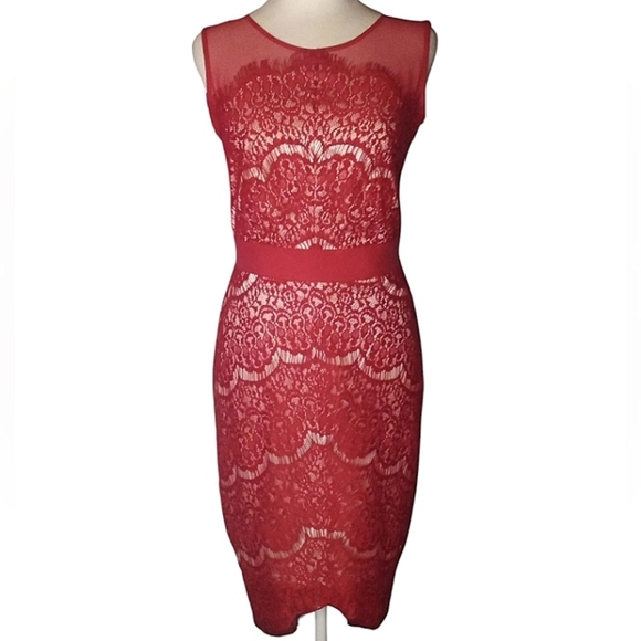 Jax Red Nude Short Sleeve Illusion Eyelash Lace Fitted Sheath Dress Size 2 - Picture 4 of 11